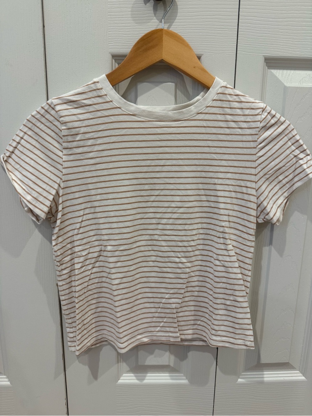 Old Navy White Tee with Thin Tan Stripes - Short Sleeve